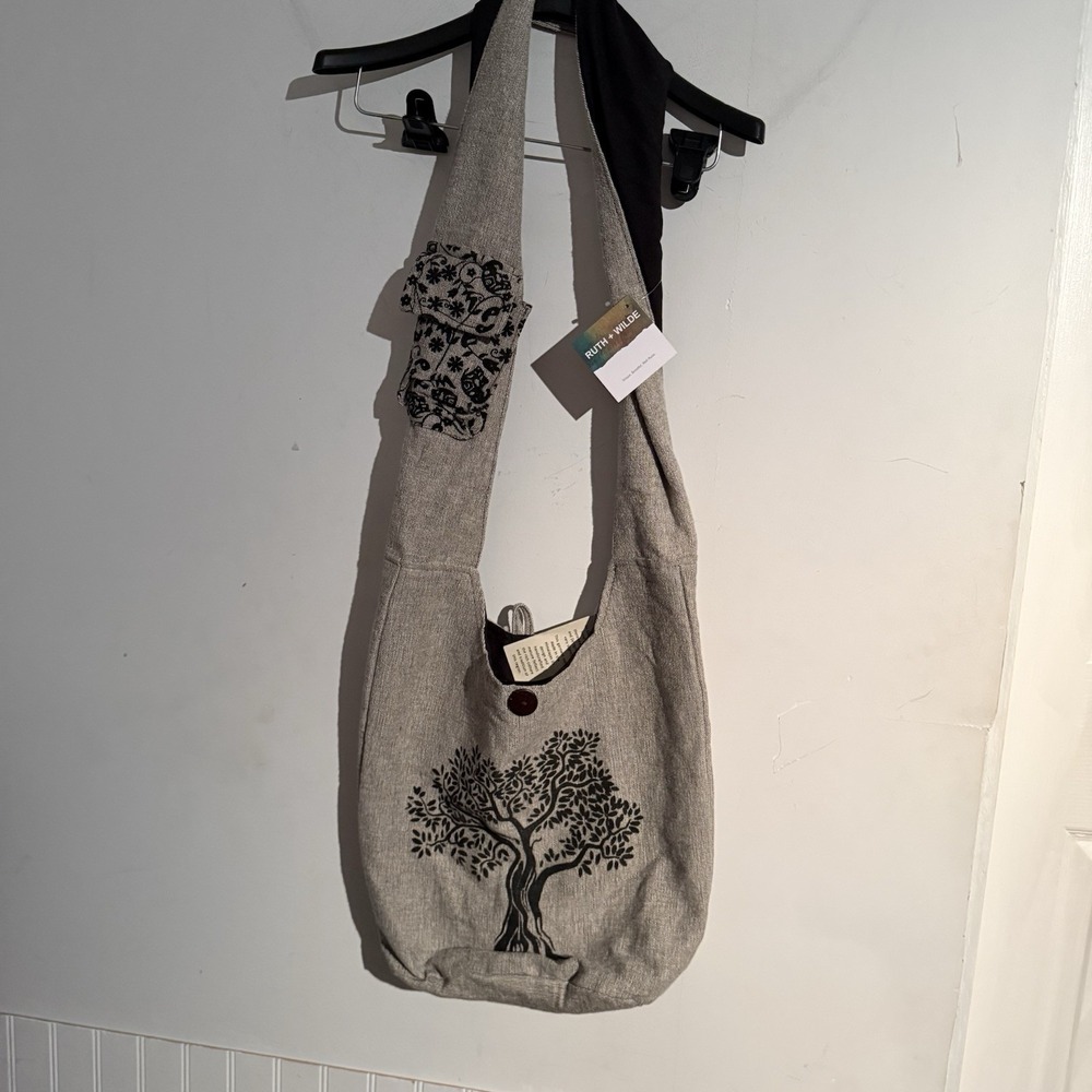 Large Sling Crossbody Shoulder Bag Purse Hippie Hobo Gypsy Bohemian, Grey Tree